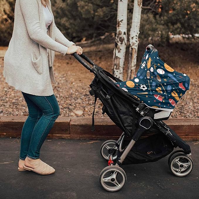 Sport Car Seat Covers for Babies Boy Girl Capony Covers Basketball Baseball Football Nursing Cover Breastfeeding Scarf Soft Breathable Stretchy Coverage, Infant Stroller Cover Shopping Cart