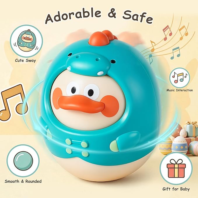 Musical Wobbler Toy, Tinabless Roly Poly Baby Toys, Dinosaur-Duck Tummy Time Toy | Tumbler Wobbler Toys for Newborns 3-12 Month Baby Boys and Girls Easter Basket Gifts Stocking Fillers(Blue)