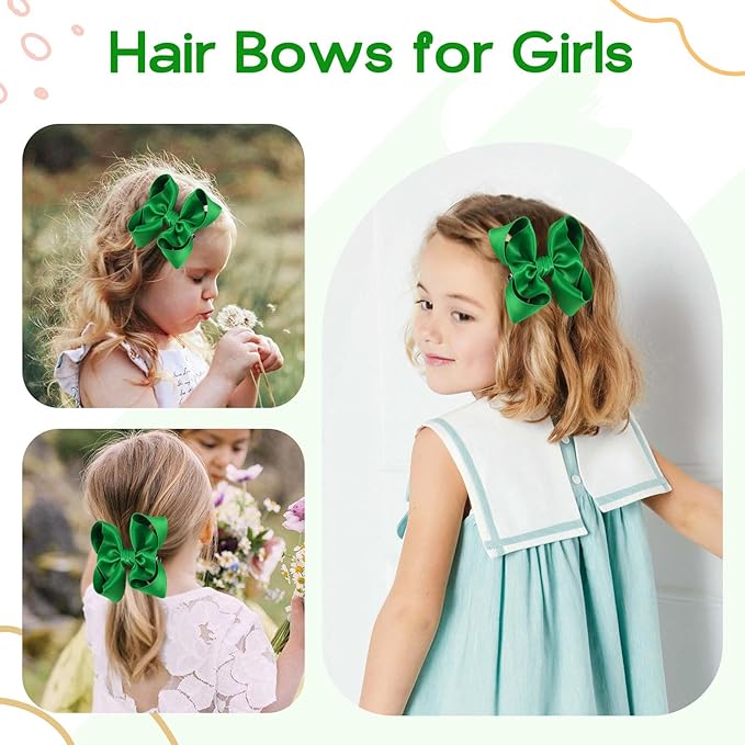 OAOLEER 2PCS 3.5inch Hair Bows for Girls，Green Stain Ribbon Hair Bows Alligator Clips Hair Accessories for Back To School Teen Toddler Girls Kids (Green)