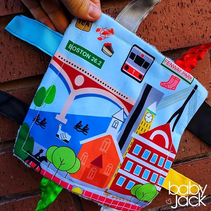 Baby Jack & Co 8x8” Learning Lovey Boston Massachusetts Tag Toys for Babies - Baby Crinkle Toys - Soft & Safe - Learn USA Cities and Shapes - Ideal Baby Toy & Gift BPA Free w/Stroller Clip