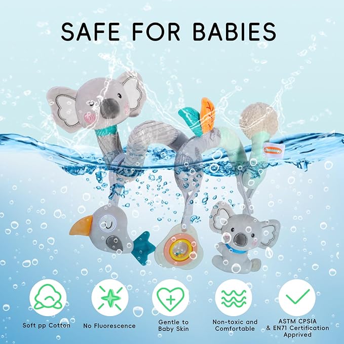 Baby Spiral Car Seat Toy, Stroller Hanging Sensory Toy for Newborn 0-12 Months, Soft Plush with Rattle Crinkle Teether, Koala Bird Activity Toy for Infant Boys Girls