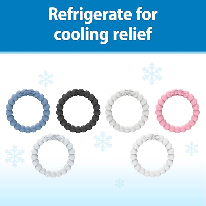 Dr. Brown's Flexees Teether Rings, 100% Silicone, Soft and Easy to Hold, Encourages Self-Soothe, 3 Pack, Pink, White, Gray, BPA Free, 3m+