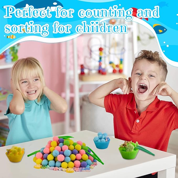 185pcs Summer Ocean Animal Sensory Bin Filler Fine Motor Toys Ocean Animals Sensory Bin Items Resin Crab, Starfish, Sea Snail, Pearl Shell Pom Poms for Preschool Education Counting Sorting