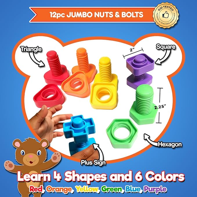 Jumbo Beads & Bolts Game Set - 2-in-1 Fine Motor Matching Educational Stringing & Twisting Toys for Toddlers with 12 pc Lacing Beads and 12 pc Nuts & Bolts, Toy Storage & Learning Activities eBook