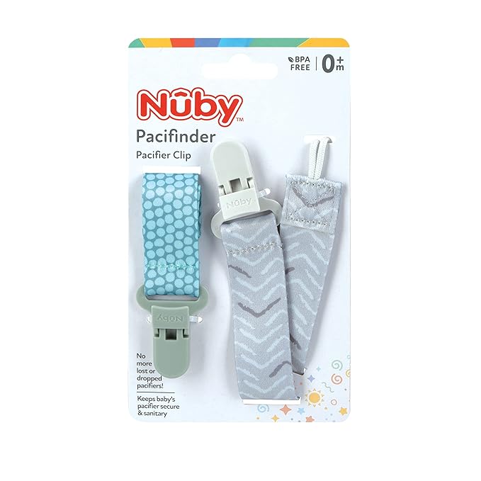 Nuby Pacifinder Baby Pacifier Clip - (2-Pack) - Pacifier Holder Clip with Convenient Hook Loop - Green Dots and Gray Arrows