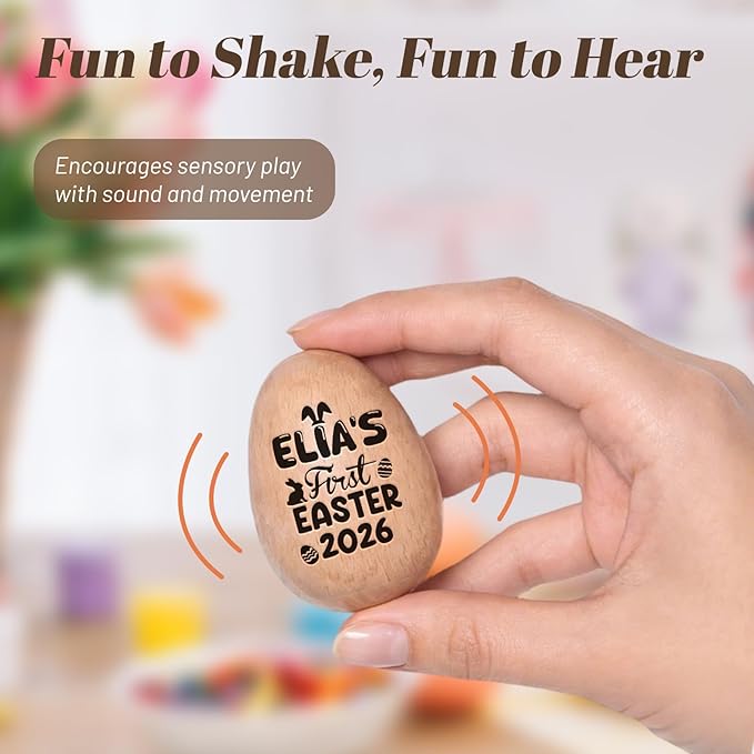 Custom Musical Easter Egg Shaker with Engraved Name, First Easter Gifts for Baby 2026, Wooden Easter Egg Basket Stuffers for Kids, Fake Eggs for Egg Hunt Prize Decor Party Baptism Gift