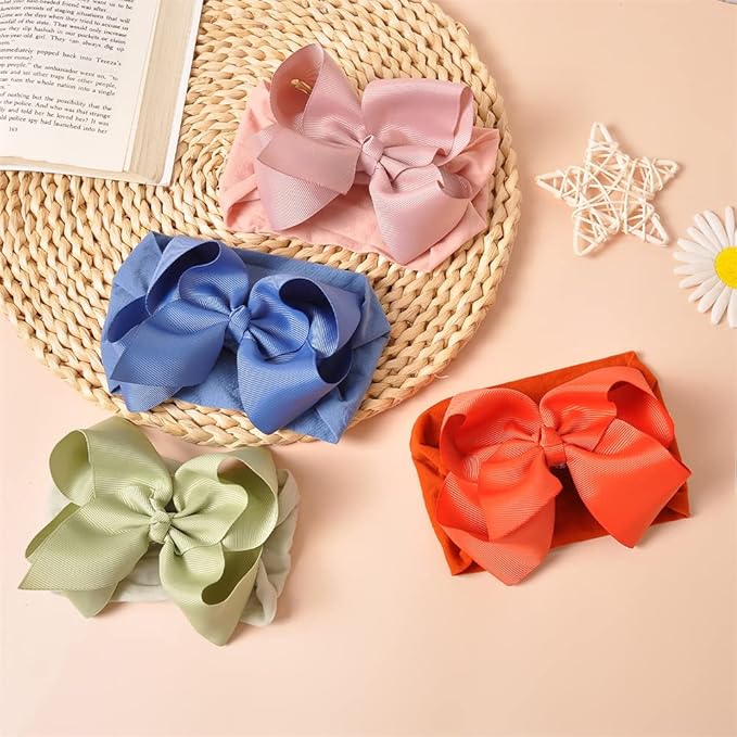 JIAHANG Grosgrain Ribbon Bow Nylon Headbands, 5.3 Inches Hair Bow Soft Turban Headwrap 9Pcs for Baby Girls Newborns Infants Toddlers (40KF-ribbon flower)