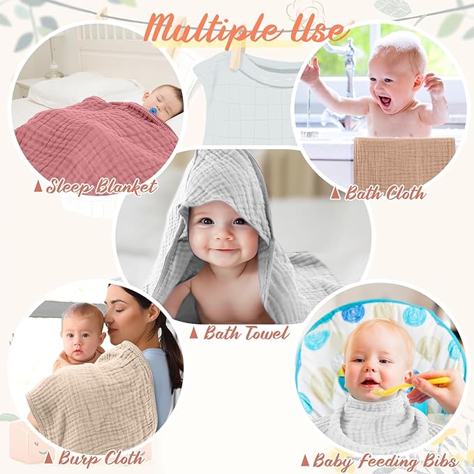 VitalCozy 12 Pcs Baby Muslin Hooded Bath Towels and Washcloths, Muslin Hooded Baby Towels Absorbent Blankets for Gift Newborn Infant Shower (Pink Beige Series)
