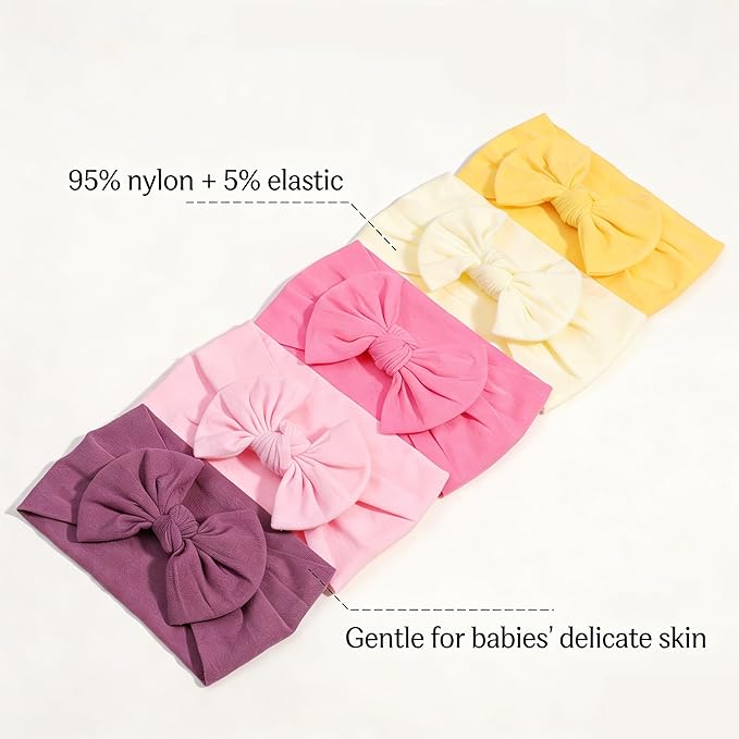 5Pcs Nylon Baby Bow Headbands, Soft Stretchy Hairbands with Bow for Newborns, Infants & Toddlers