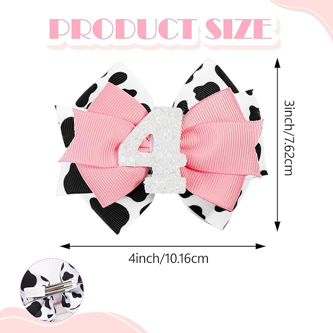 Cow Print Birthday Bow Hair Clip, Pink Farm Animal Theme 4 Year Old Hair Bow Clip Accessory for Toddler Girls Party Baby Shower Decor
