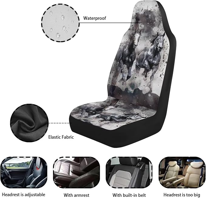 Fashion Horse Car Seat Covers 2 Pcs Car Seat Covers Front Seats Only Waterproof Breathable Easy to Install Anti-Slip Back Fabric Universal Fit for Auto Truck Van SUV