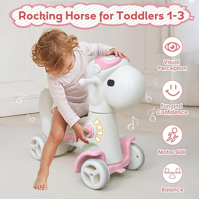 4 in 1 Rocking Horse for Toddlers 1-3 Years Old, Baby Rocking Toy Fun Birthday Gift for 1+ Kids, Ride on Toy with Guard Rails, Detachable Balance Board and Footrest with Push Handle (Pink)