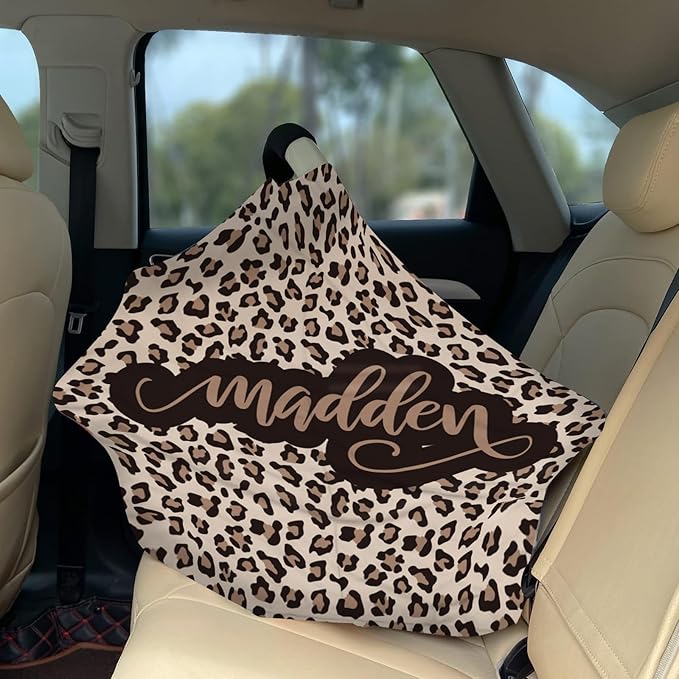 Personalized Baby Car Seat Cover Stroller Canopy: Custom Name Newborn Baby Boy Girl Elastic Leopard Pattern Nursing Cover for Moms First Birthday Gift(one Size)