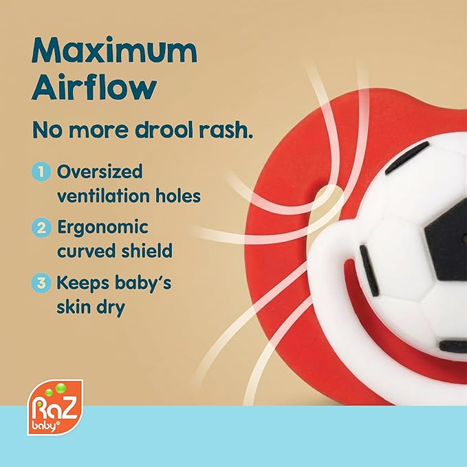 RaZbaby Soccer Pacifier - BPA-Free Silicone Orthodontic Nipple, Ideal for Soccer Lovers, 0-36 Months - 2-Pack Soccer