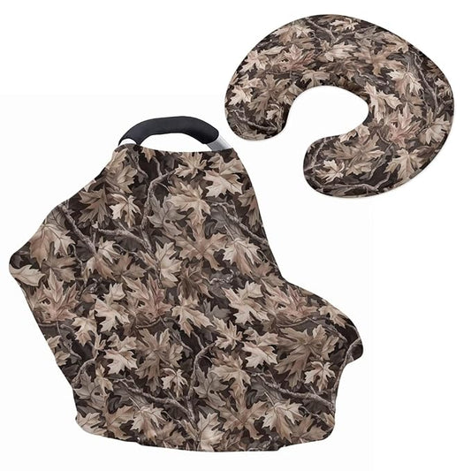 Camo Hunting Print Car Seat Cover with U-Shaped Pillowcases 2 Piece Set for Babies Stretchy Infant Carseat Cover Pillow Covers Breathable Nursing Cover-Up