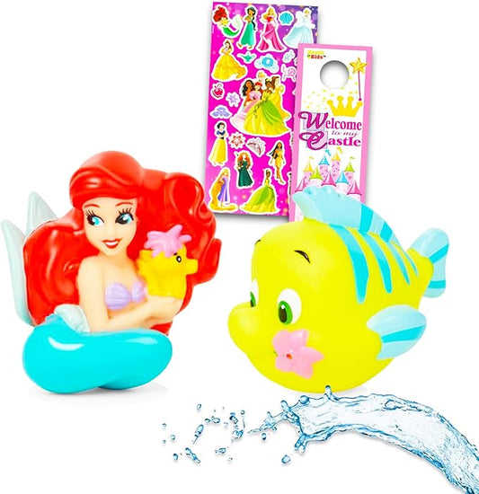 Ariel Water Squirties - Bundle with 2 Pc Little Mermaid Squirt Toys, Stickers, and Door Hangers | Disney Bath Toys for Girls