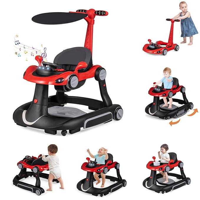 HONEY JOY Baby Walker, 7-in-1 Foldable Baby Bouncer and Rocker Combo, Infant Activity Center w/Canopy, Wheels, Adjustable Height/Speed, Music, Lights, Walker for Baby Boy Girl 7-18 Months (Red)