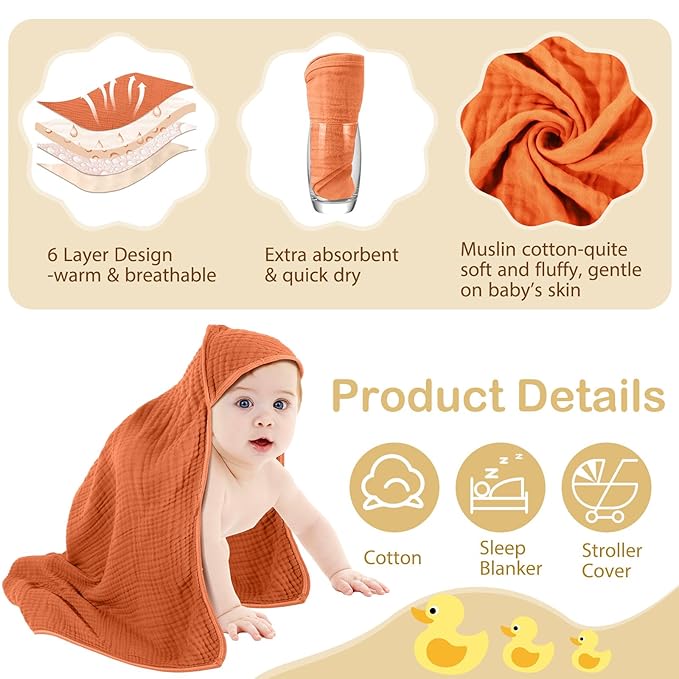 Peryiter 6 Pcs Muslin Hooded Baby Towels 32 x 32 Inch Cotton Newborn Bath Essentials Muslin Infant Blankets Absorbent Registry Gifts for Girl Boy Kids Baby Shower (Yellow,Blue,Green,Orange)
