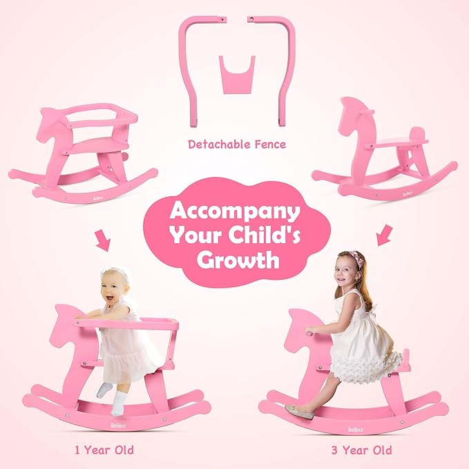 Belleur Rocking Horse for Kids 1-3 Years Old, Wooden Rocking Toy for Toddlers with Removable Fence for Indoor & Outdoor Activities, Baby Horse Riding Toy for Birthday & Visit Gifts