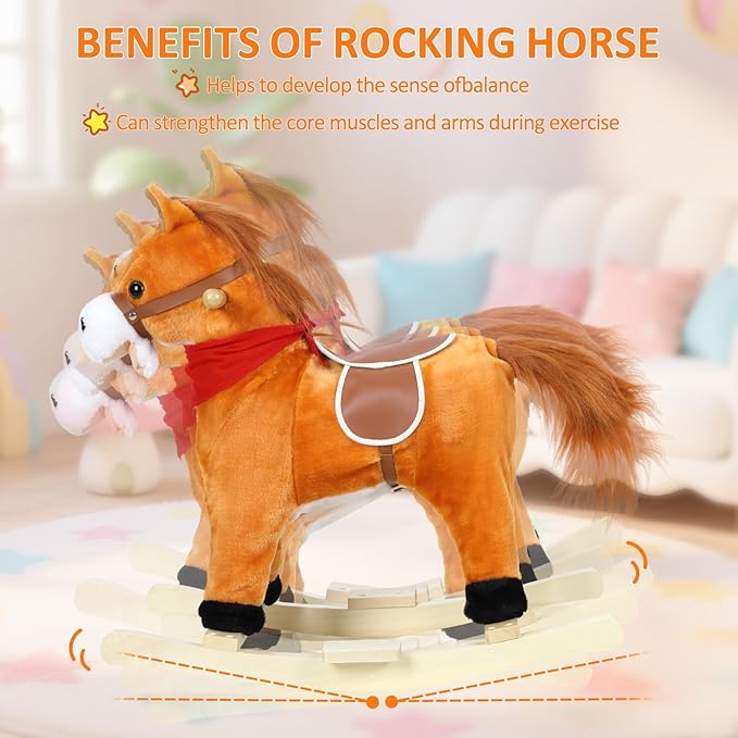 Rocking Horse for Toddlers Ages 1-6, Plush Ride On Toy with Sounds Moving Mouth & Wagging Tail, Interactive Wooden Rocker for Kids, Baby Rocking Chair Toys up to 120kg (Light Brown Small)