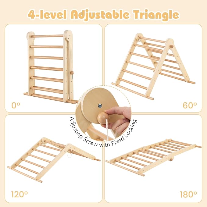 Olakids Pikler Triangle Set 7 in 1 Climbing Toys for Toddlers Foldable Baby Wood Montessori Jungle Gym with Angle Adjustable Ladder Seesaw Ramp Indoor Playground (Wood)