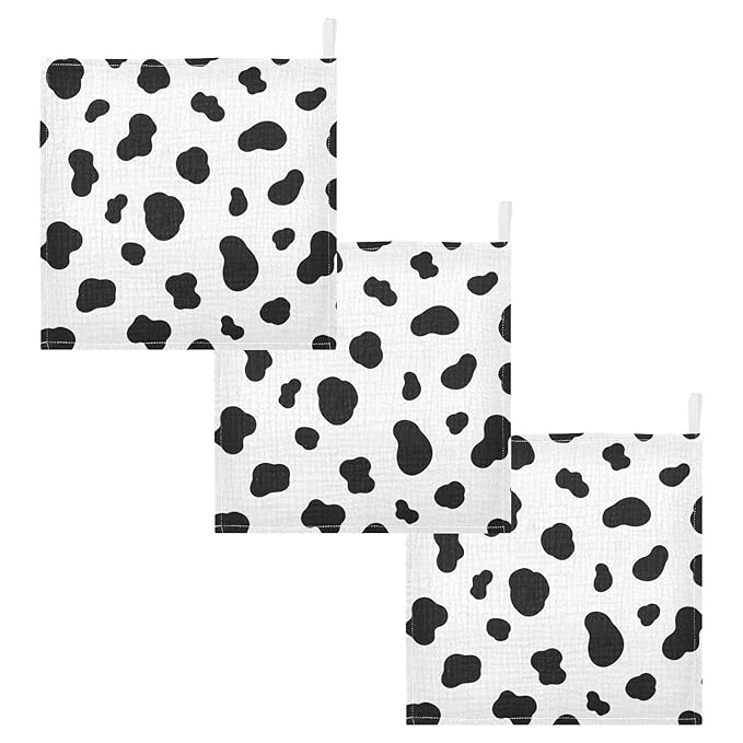 Black White Cow Pattern Baby Muslin Washcloths Burp Cloths Soft Absorbent Baby Wash Cloth Fingertip Face Towels for Newborn Boys Girls 12 x 12 in,3 Pack