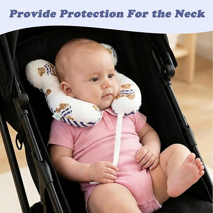 Toddler Travel Comfort Pillow for Car Seat and Stroller, Soft U-Shape Reversible Seat Accessory for Baby, Brown Bear