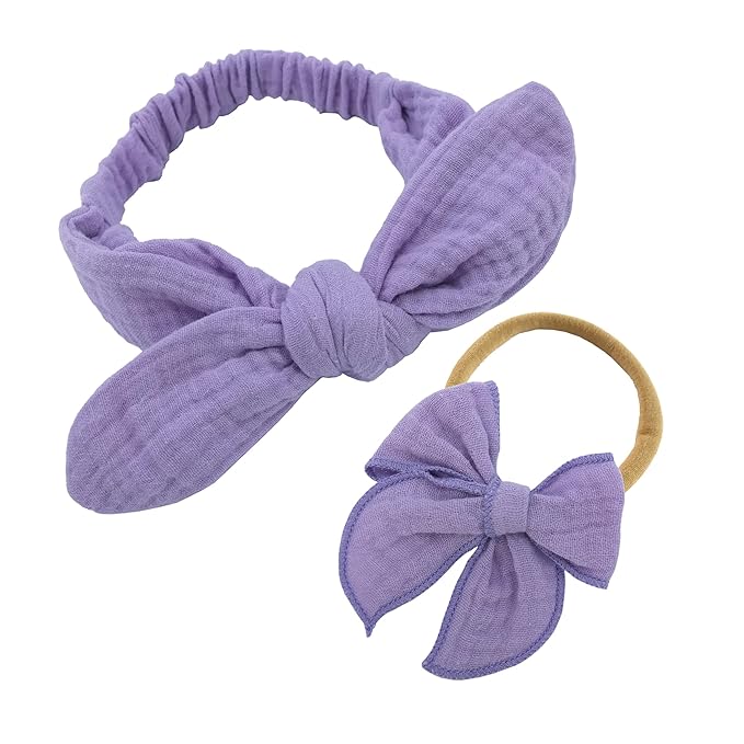 Sugarmelon Original Cotton Gauze Headband for Newborn Toddler Infant Baby Girl Kids Muslin Cotton Hair Bow Headbands Turban Elastic Hair Bands (2 pcs Orchid)
