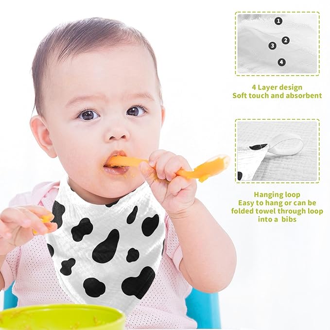 Black White Cow Pattern Baby Muslin Washcloths Burp Cloths Soft Absorbent Baby Wash Cloth Fingertip Face Towels for Newborn Boys Girls 12 x 12 in,3 Pack