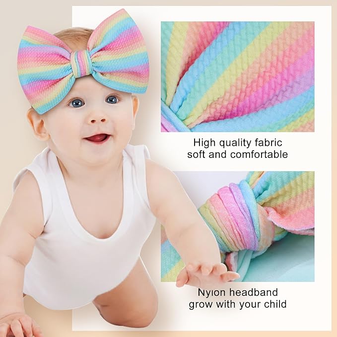 6'' Large Tied Bow Baby Headbands Handmade Hairbands with Bows High Stretchy Soft Nylon Headbands Baby Hair Accessories for Infant Baby Girls Light Blue Purple Rainbow Stripes