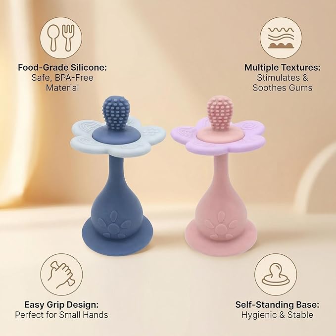 2 Pack Baby Teething Toys for 3-6 6-12 Months, Food Grade BPA-Free Silicone Flower Teether with Rattle, Baby Essentials Teething Relief, Infant Sensory Chew Toy for Newborn Toddlers