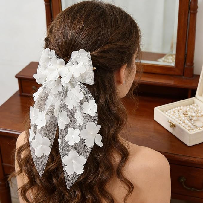 White Flower Bow Hair Clip Mesh Tulle Floral Hair Bow Clips Summer Alligator Clip with Long Tail Hair Accessory for Women Girls Bridal Wedding Bridesmaid Party Headpiece Elegant Hairpin Daily Styling