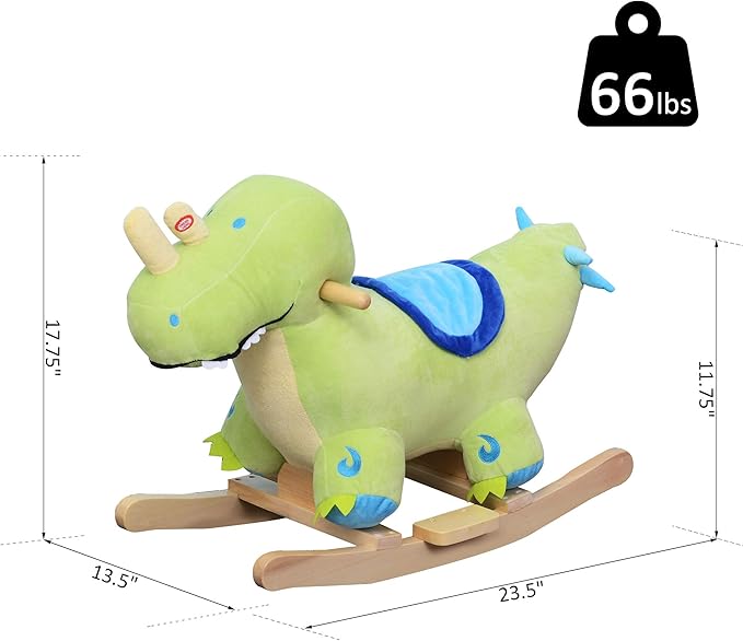 Qaba Kids Plush Ride-On Rocking Horse Toy Dinosaur Ride on Rocker Green with Realistic Sounds