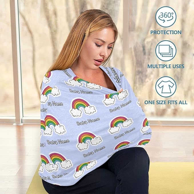 Personalized Baby Car Seat Cover for Babies, Custom Name Baby Car Seats Canopy for Boys Girls, Nursing Breastfeeding Stroller Covers for Infant Newborn, Shower Gift (Rainbow)
