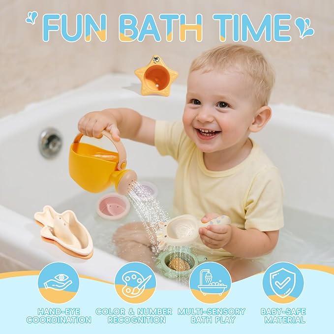 Baby Bath Toys for Kids Ages 1-3, 16PCS Mold Free Bath Toys for Toddler 2-4 & Babies 6-12-18 Months Bath Cups Watering Can with Storage Bag Montessori Bathtub Sand Pool Water Toys for 1+ Years Old