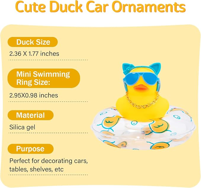 wonuu Car Duck Rubber Duck Car Ornaments Duck Car Dashboard Decorations with Cute Headband Swim Ring Necklace Sunglasses, B-Blue A Bunny Headband-Transparent