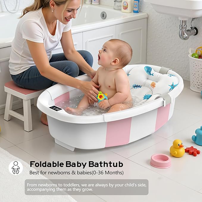 Collapsible Baby Bathtub for Newborn to Toddlers 0-36 Months, Large Baby Tub with Thermometer & Cushion, Easy Setup Foldable Travel Infant Bathtub, Newborn Babies Boy Girl Bath Tubs Pink