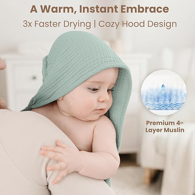 Konssy 2-Pack Muslin Hooded Baby Towels, 100% Cotton, Ultra-Soft & Absorbent Baby Bath Towels with Hood for Newborn & Infant (Green, Leafy,32" x 32")