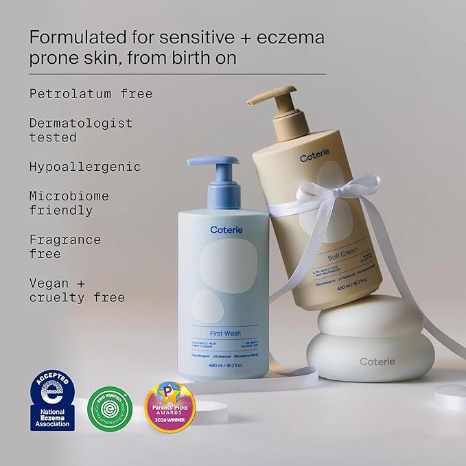 Coterie The Skin Essentials Baby Gift Set | 16.2 oz Shampoo + Body Wash, 16.2 oz Face + Body Lotion, 4.7oz Diaper + Dry Skin Balm | Fragrance Free, Safe for Sensitive Skin, Hypoallergenic, Eczema Safe