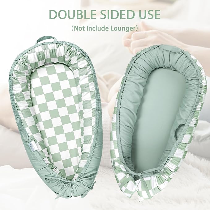 DILIMI Baby Lounger Cover, Cotton Baby Nest Replacement Cover for Girls Boys, Soft Breathable Reversible Newborn Lounger Cover, Green Checkered (Only Cover)