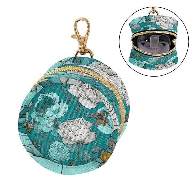Pacifier Holder with Clip Pacifier Case for Diaper Bag Round Baby Pacifier Pouch Box Bag Portable Cute Teal Roses Bees