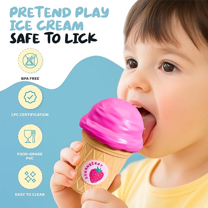 JoyCat Ice Cream Toy Set for Toddlers 1-5, Color Sorting & Stacking Toys, Pretend Play Food for Boy Girls Kids, Educational Fine Motor Skills Gift (7 Cones 7 Scoops 1 Bucket)