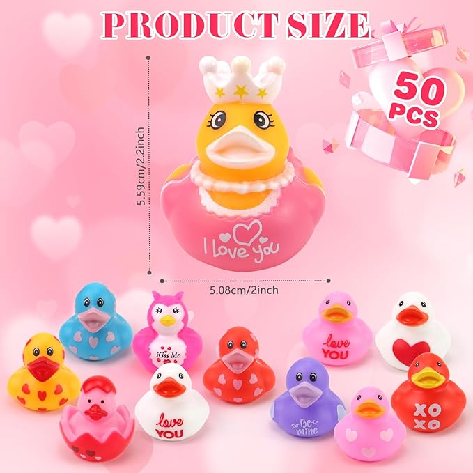 50 Pcs Rubber Duck, Valentines Ducks for Jeeps Ducking, Random Assortment Mini Rubber Duckie Toys for Kids Baby Bath Shower Toys Cute Heart Ducks for Party Favors Classroom