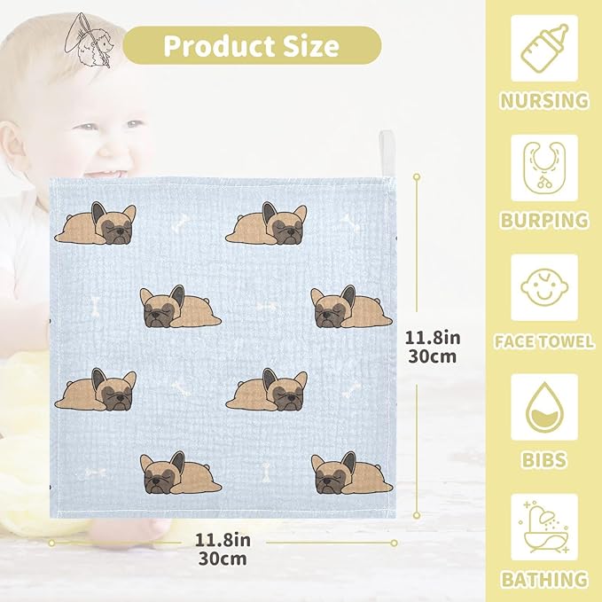 vvfelixl Cute French Bulldog Sleeping Baby Burp Cloths Baby Muslin Washcloths for Boys Girls Cotton Baby Face Towel for Newborn Infants Soft and Absorbent 11.8 X 11.8 in, 5 Pack