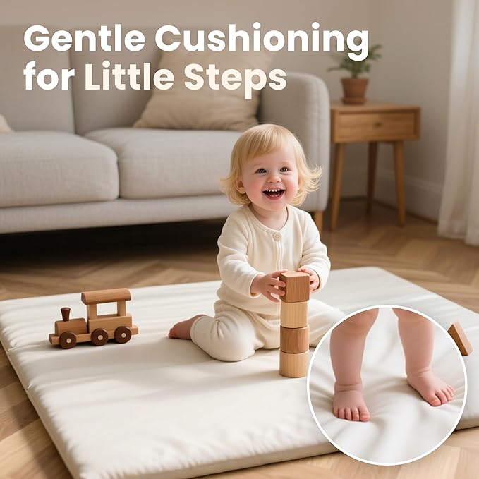 Huloo Sleep Baby Play Mat 50x50 Inches,1.3" Thick Padded Waterproof Floor Cushion & Playpen Mat with Vegan Leather,Non-Slip & Non-Toxic Nursery Rug for Infants, Toddlers & Kids(Cream)