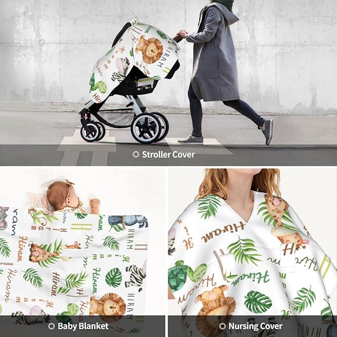 Personalized Name Car Seat Cover for Babies, Customized Peekaboo Opening Carseat Canopy for Baby, Multiuse Nursing Cover Breastfeeding Scarf Stroller Canopies, Gift for Newborn Infant, Cute Animal