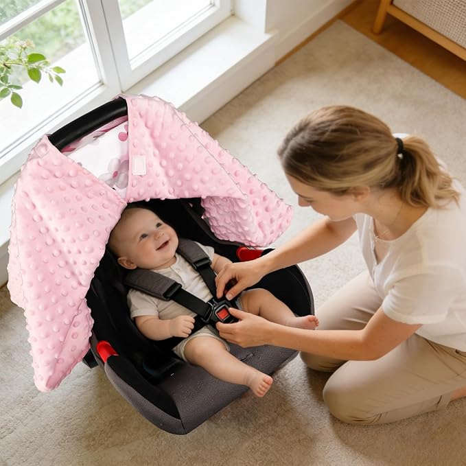 Hooyax Peekaboo Car Seat Cover for Baby Girl - Warm Minky Carseat Canopy with Adjustable Opening, Universal Fit for Infant Car Seats & Strollers, Soft Nursing Cover & Blanket (Pink Bow)