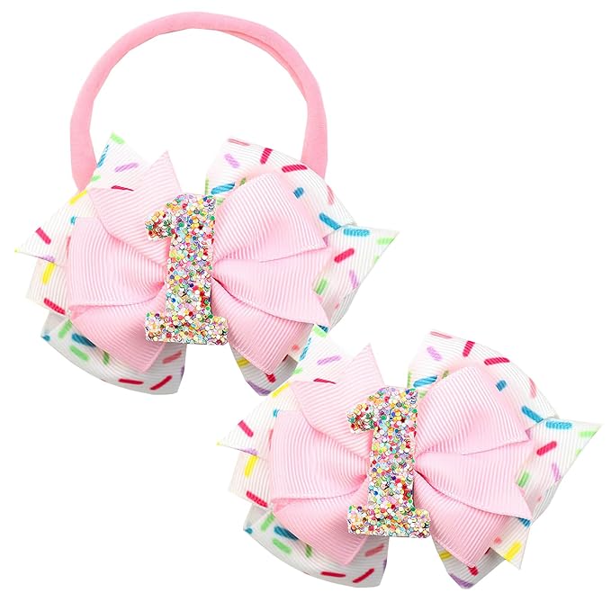 2Pcs Birthday Hair Bow for Baby Girls 1 Years Decorations Pink Sprinkle Ice Cream Confetti Hair Accessories for Baby Girls 1st Birthday Party Decorations