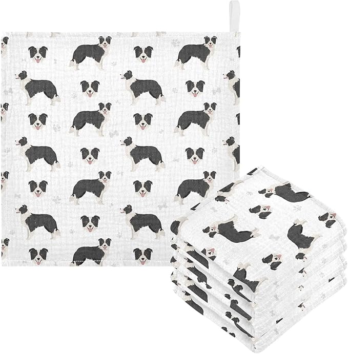 vvfelixl Baby Cotton Washcloths Border Collie Black Infants Bath Towel for Unisex Face Towels for Newborn, Natural Baby Wipes Delicate Skin, 11.8 X 11.8 inch, one sizex5