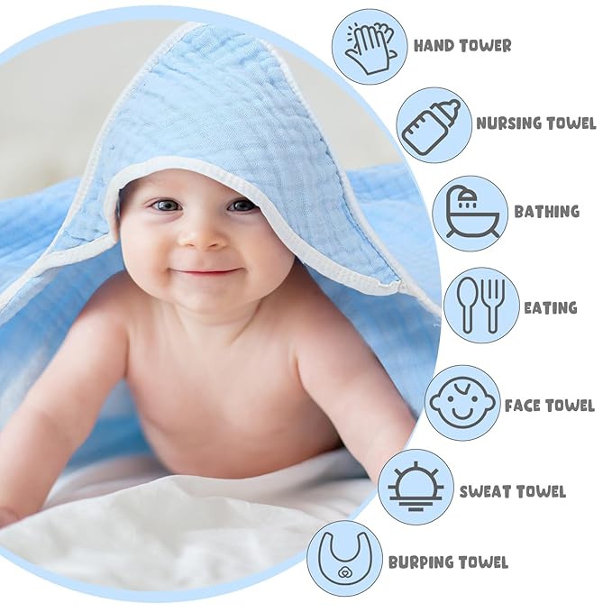 Peryiter 8 Pack Baby Bath Towels and Wash Cloth Set Muslin Hooded Soft 100% Cotton Baby Hooded Bath Towel Absorbent Towels Cloths for Babies, Infant, Toddler and Kids Newborn(Blue Series)